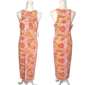 Billabong Women's Orange Floral Multi Tank Midi Dress Sleeveless Vacation Sz XL